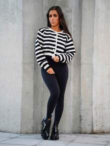 SAYEHFBABY Cardigan a rayas casual para mujer, blusas de manga larga para otoño e invierno para mujer, para mujeres de talla pequeña - Blanco y Negro - Ver 1