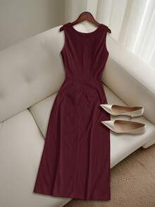 Franclia 夏季优雅腰部褶饰十字交叉高开衩露背连衣裙 - 酒紅色 - 查看 5