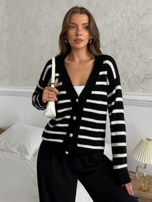 EURMUSE Damen Strickjacke mit Streifenmuster, Haargarn, Knopfleiste, Drop-Shoulder - Weiss - Übersicht 5
