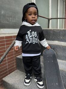 SHEIN 2pcs Baby Boy Autumn/Winter Outfit, Funny Pattern Black Main Body With White Hooded Top And Pants Lining, Suitable For Halloween, Birthday, Christmas, School, Baby Boy Clothing Set - Multicolor - View 6