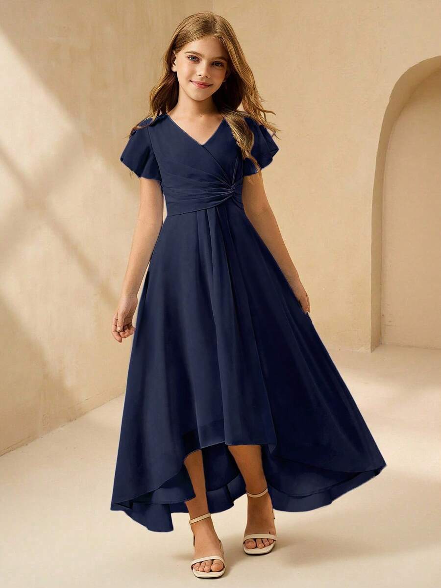 女童优雅V领无袖高腰长款不对称下摆雪纺蓝色连衣裙 - 藏蓝色 - 查看 1