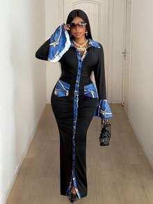 Maweii Plus Size Women's Sexy Long Sleeve Patchwork Flare Sleeve Cardigan With Button, Color Block Pocket Lapel Collar Long Slim Fit Black Dress, Autumn/Winter/Spring - Black - View 2