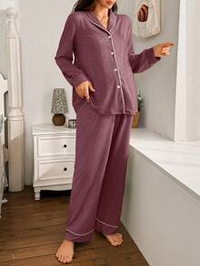 SHEIN Moonlight & Mama Women's Contrast Trim Collar Long Sleeve Top & Pants Loose 2 Piece Comfy Pajamas Set, Winter