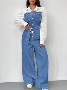 Siren Gaze Quần yếm denim và áo liền quần dài tay ôm sát thoải mái dành cho nữ - Rửa nhẹ - Xem 6