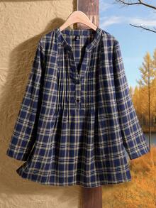 Rusticease 女式大码格子V领半开襟长袖休闲衬衫 - 藏蓝色 - 查看 8