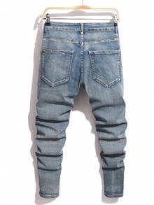 Manfinity Homme 男士修身破洞口袋休闲牛仔裤 男士破洞牛仔裤 街头潮流牛仔裤 - 淺色水洗藍 - 查看 2