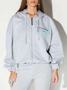 KIZN Scuba Style Oversized Zip Through Hoodie With Drawstring And Shoulder Pad Details Casual Streetwear - Grey - View 4