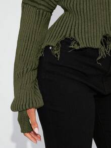 SHEIN SXY Suéter de punto de cuello alto sólido con mangas largas y efecto desgastado para salir en otoño/invierno - Verde militar - Ver 6