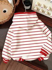 SHEIN Happikins Christmas Burgundy Striped, Cute Christmas Cartoon Reindeer Pattern, Baby Girl Casual Minimalist Thick Warm Soft Sweatshirt, Suitable For Autumn/Winter Daily Wear, New Year, Street Style, Holiday - Multicolor - View 2