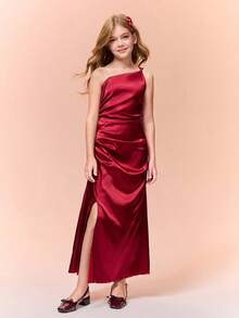 Tween Girls' Elegant Ball Party Formal Satin Slit Fitted Dress - Burgundy - View 3