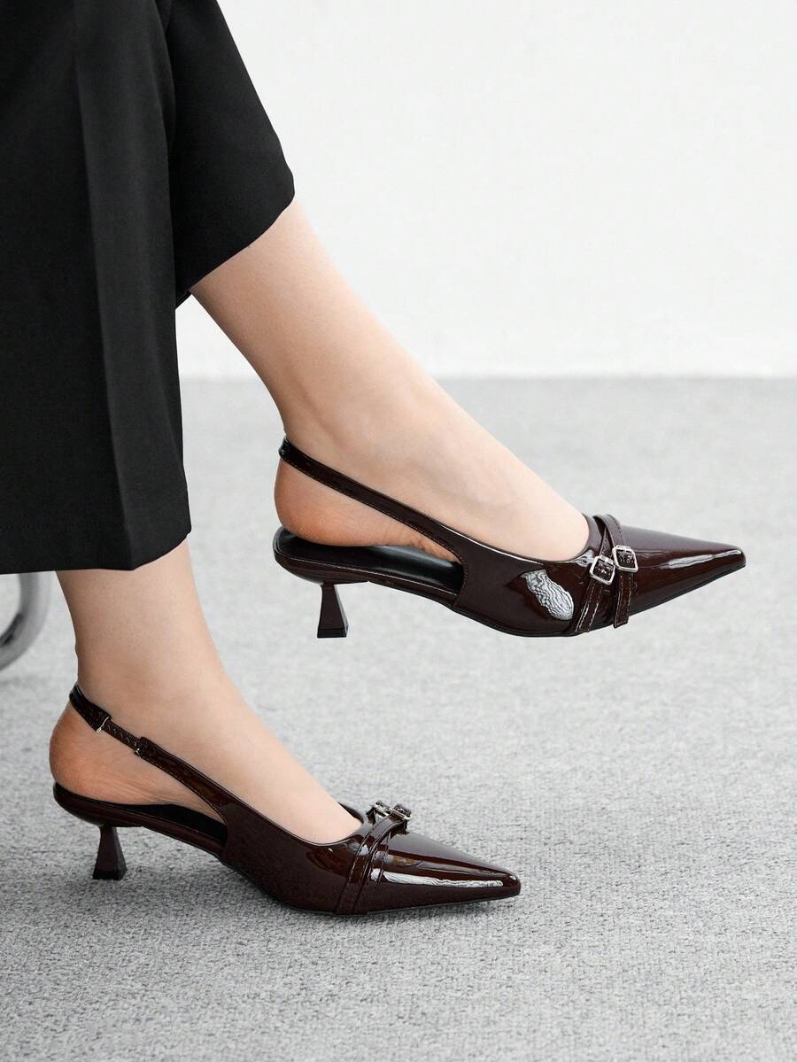 CUCCOO BIZCHIC Tacones de salón de punta fina con tira trasera, color café, de tacón de gatito, versátiles para uso diario, fiesta, salida casual y trabajo - Café integral - Ver 1