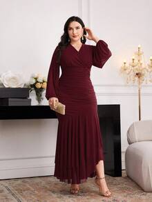 Modelyn Vestido elegante con cuello superpuesto, mangas farol y dobladillo con volantes, talla grande, otoño - Burdeos - Ver 7
