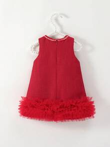 SHEIN Glamorique Kids 女婴优雅蝴蝶结 3D 花卉装饰无袖连衣裙，适合婚礼、派对、生日、度假、拍照、夏季 - 紅色 - 查看 2