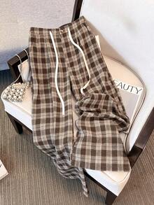 Franclia 女式休闲格子宽松裤，秋冬 - 棕色 - 查看 1