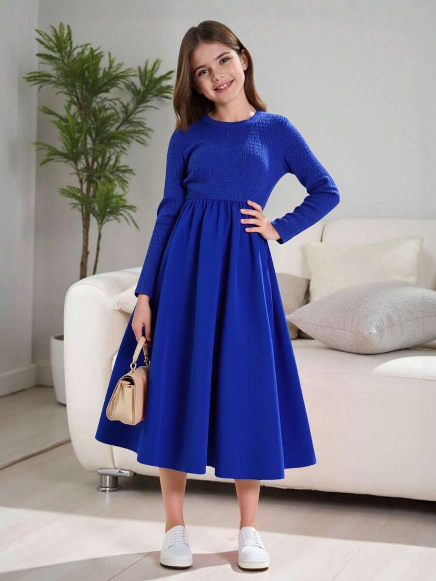 SHEIN Tween Girl Elegant Minimalist Solid Color Textured High-Stretch Long Sleeve Dress With Full Skirt,Holiday,Summer,Travel