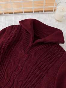 SHEIN Baby Boy/Girl Burgundy Autumn/Winter Collegiate Vintage Textured Intarsia Solid Color Knit Soft Mock Neck Zip-Up Long Sleeve Pullover Top, Soft & Comfortable For School, Home, Outings, New Year Baby Clothes Girl Fall Sweater Toddler Sweaters Baby Boy Burgundy Clothes Baby Boy Sweaters Baby Solid Color Knitted Sweater - Burgundy - View 8