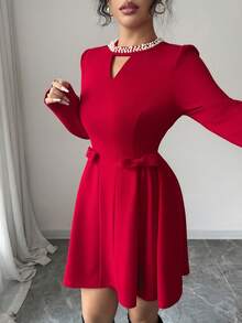 Elenzga 女士秋冬针织弹力修身圆领镂空铆钉珍珠肩长袖褶饰A字蝴蝶结派对时尚节日圣诞节优雅迷你连衣裙 - 紅色 - 查看 5