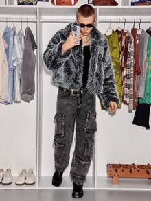 STEELVANCE Men's Dual-Tone Collar Short Faux Fur Coat, Elegant For Commuting, Dating, And Photo Shoots New Vintage, Winter - Black - View 3