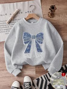 Genkimix Kids 女童休闲舒适时尚简约百搭创意仿亮片蝴蝶结图案保暖内衬长袖圆领套头卫衣，秋季外套 - 灰色 - 查看 3