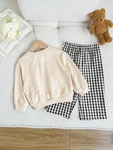 LMoss Kids 2pcs Baby Girl Knitted Solid Color Cute Pattern Crew Neck Sweatshirt And Plaid Pants Set - Black - View 2