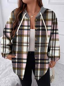 Flirla 大碼格紋落肩袖抽繩連帽夾克 - 淺粉色 - 查看 1