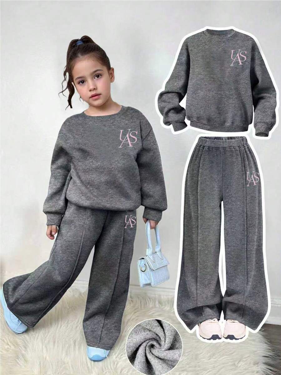 SHEIN Young Girl Loose Casual Minimalist Comfortable Crew Neck Sweatshirt And Pants Set - Grey - View 1