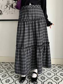 Dazy Plus 加大码 A 字格子裙，松紧腰，女士休闲长裙，春秋季