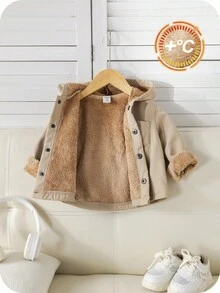 SHEIN Veste à capuche doublée thermique épaisse unisexe pour bébé, beige, convient aux bébés garçons et filles, automne/hiver
