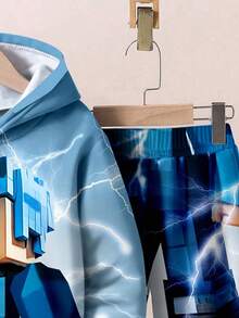 SHEIN 2 件儿童休闲极简主义闪电、蓝色渐变印花连帽衫套装，适合秋冬季 - 彩色 - 查看 6