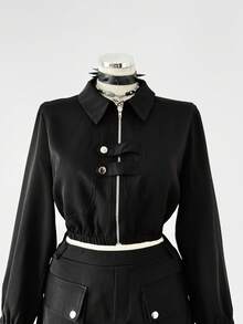 Sunspun Plus Size Vintage Workwear Collared Shirt, Cropped Zip-Up Crop Top Jacket Foromen American Casual Workwear Pocket Skirt With Tie, Mini Bodycon Skirt Foromen, 2-Piece Set - Black - View 4