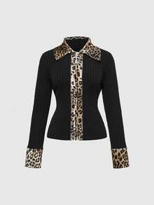 ROMWE Grunge Punk Y2K Vintage Sexy Leopard Print Patchwork Collared Knit Cardigan For Women - Black - View 1