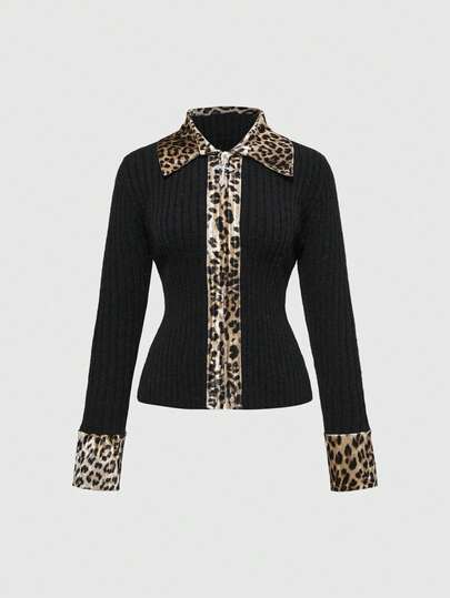 Grunge Punk Y2K Vintage Sexy Leopard Print Patchwork Collared Knit Cardigan For Women
