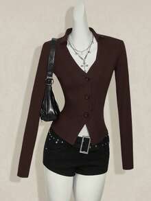 SHEIN ICON Fitted Long Sleeve T-Shirt With Embroidered Floral Mesh Back Panel - Brown - View 2