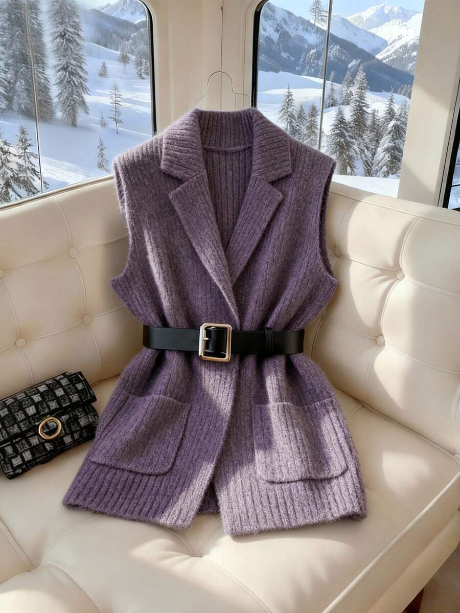 GlowEve 女士优雅休闲 V 领口袋针织开衫背心 - 淺灰紫 - 查看 1