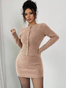 Elenzga 2pcs/Set Dark Grey Waist Cinching Bodycon Sweater Dress For Women, Slimming, Autumn/Winter - Camel - View 6