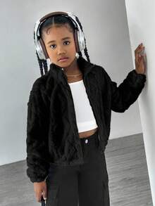 Tween Girls' White Turtleneck Geometric Fleece Casual Jacket - Black - View 5