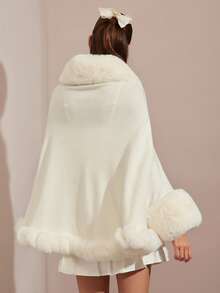 Enchnt معطف بونشو فضفاض مزين بفرو اصطناعي للنساء، لون أحادي، موضة، خريف/شتاء - أبيض - مشاهدة 7