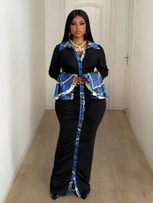 Maweii Plus Size Women's Sexy Long Sleeve Patchwork Flare Sleeve Cardigan With Button, Color Block Pocket Lapel Collar Long Slim Fit Black Dress, Autumn/Winter/Spring - Black - View 5