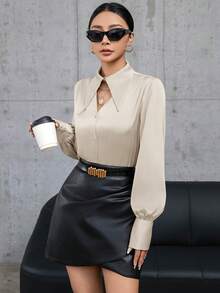 Aveloria Modichic 纯色长袖衬衫，正面镂空纽扣门襟，优雅商务休闲女装 - 杏色 - 查看 4