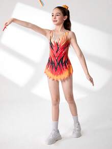Bộ đồ liền thân thể thao không tay in họa tiết thoải mái, mềm mại, vừa vặn, chống nhấp nháy, thích hợp cho cuộc thi khiêu vũ tại trường, mọi mùa - Màu Cam cháy - Xem 4