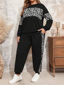 EMERY ROSE 秋季大码休闲豹纹拼布卫衣和运动裤两件套 - 黑色 - 查看 1