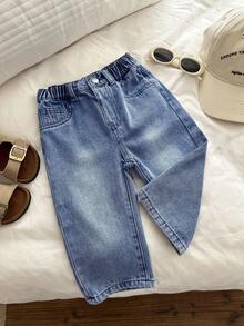 SHEIN Baby Boys' Casual Style Retro Straight Leg Baggy Blue Denim Jeans For Baby Clothes Baby Boys Costume Dailywear And Baby Summer And Spring Clothes - Medium Wash - View 4