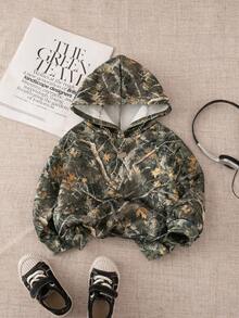 SHEIN Baby Girl Casual Cute Leaf Pattern Green Hooded Long Sleeve Sweatshirt Autumn Winter Clothes For Girl
