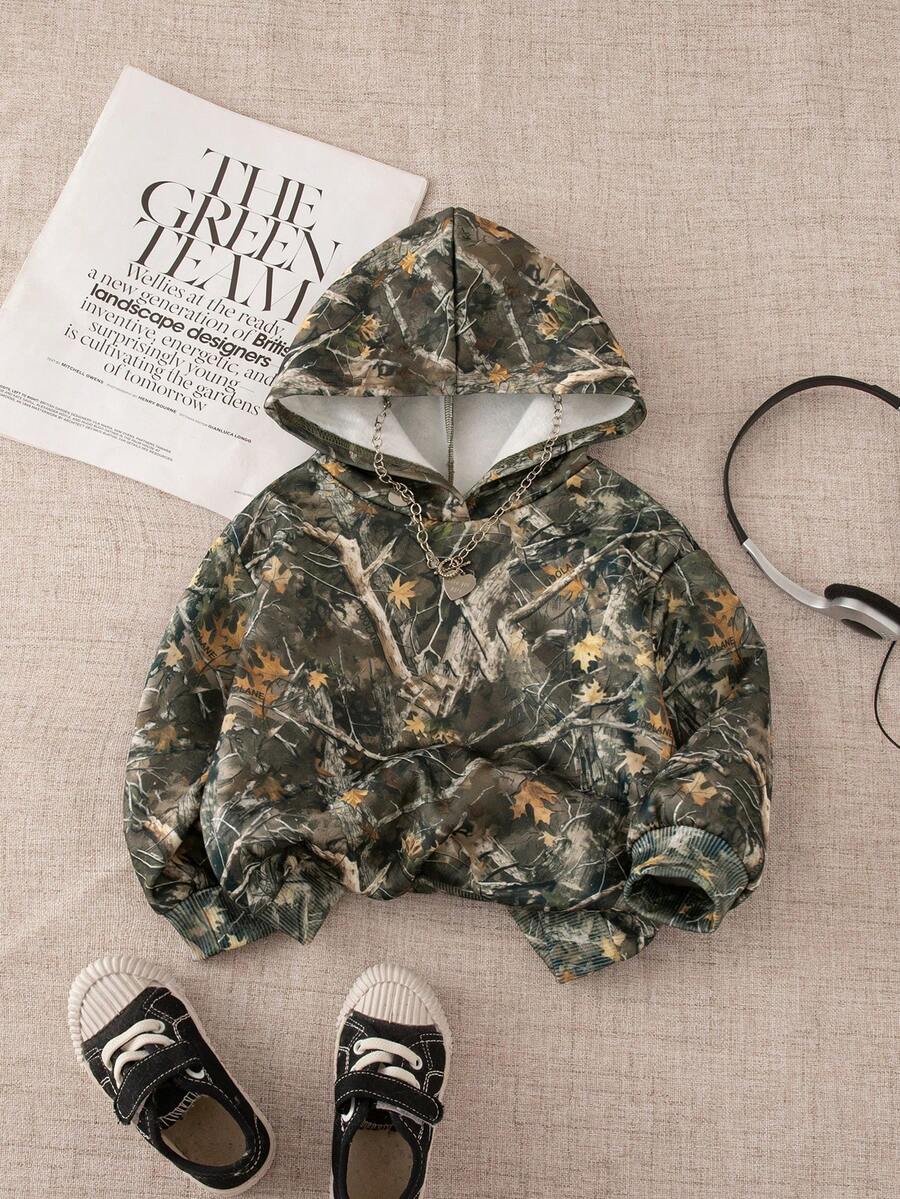 SHEIN Baby Girl Casual Cute Leaf Pattern Green Hooded Long Sleeve Sweatshirt Autumn Winter Clothes For Girl