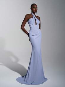 Elitara 优雅、浪漫、性感、时尚、灰蓝色、针织弹力面料、褶饰、仿珍珠链、鱼尾下摆、拖尾、影响者、节日、度假、生日派对、婚礼活动、正式晚宴礼服 - 霧霾藍 - 查看 3