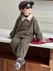 DAZY 男童休闲标语刺绣卫衣和运动裤套装，秋冬