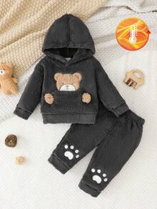 SHEIN Vintaside Kids 2pcs Pink Double-Sided Fleece Cute Bear Embroidered Set - Dark Grey - View 1