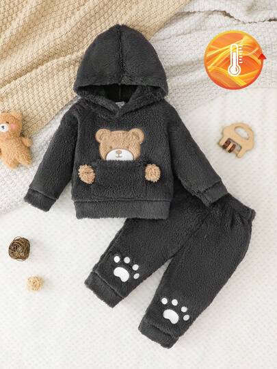 SHEIN Vintaside Kids 2件套粉色双面绒可爱熊刺绣套装