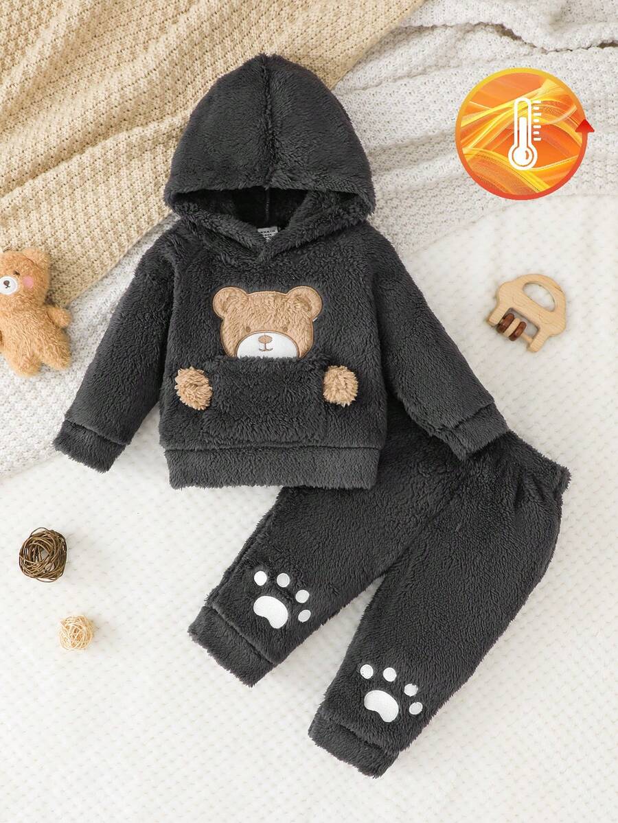 SHEIN Vintaside Kids 2pcs Pink Double-Sided Fleece Cute Bear Embroidered Set - Dark Grey - View 1