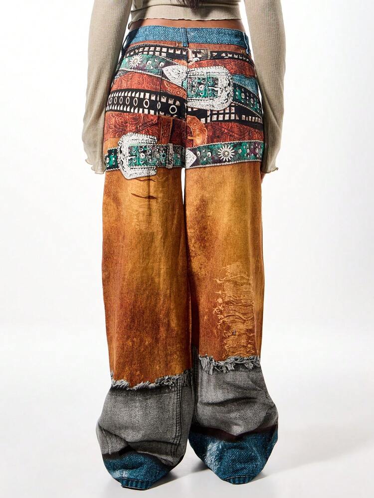 SUMWON WOMEN Patchwork Wide Leg Jeans With Western Print